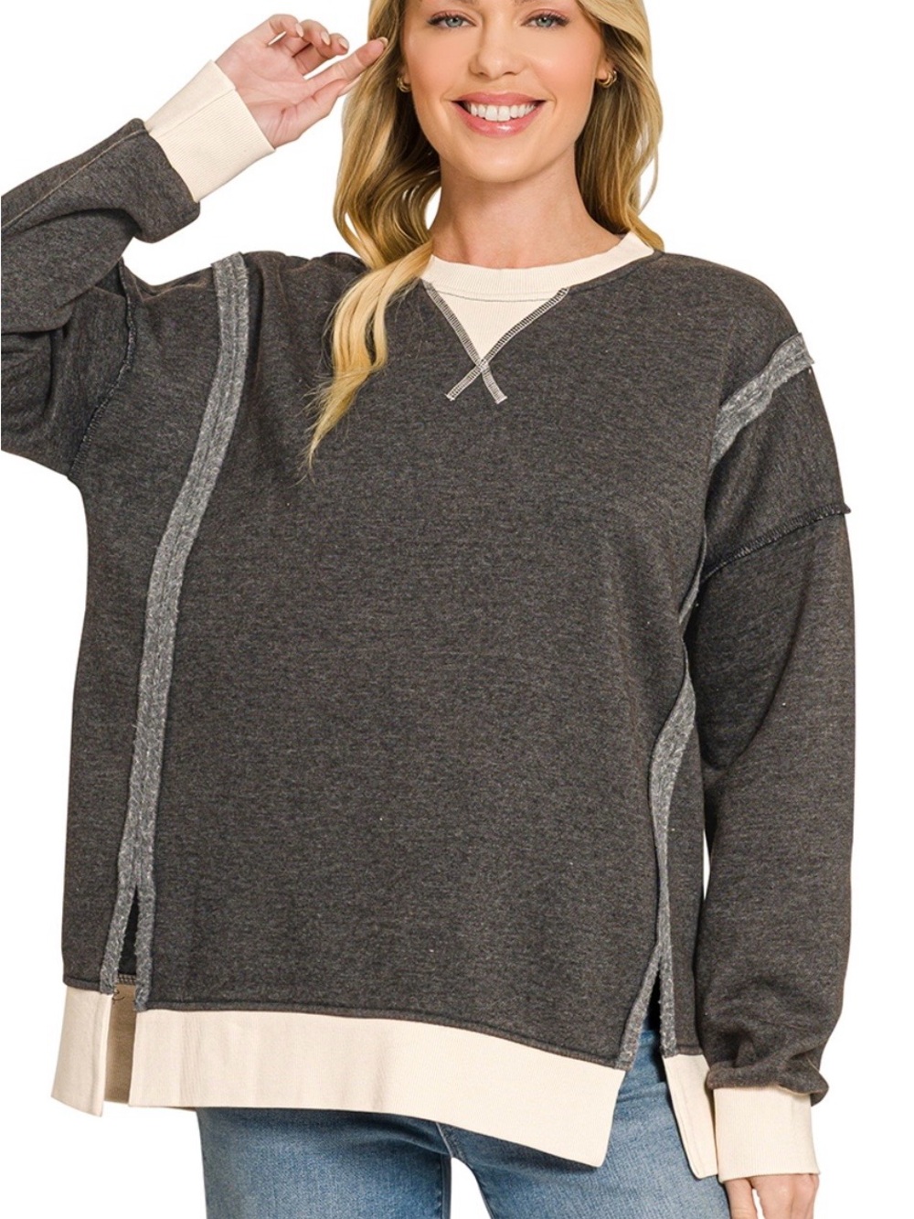 Zenana Outfitters Charcoal Pullover with Cream Trim